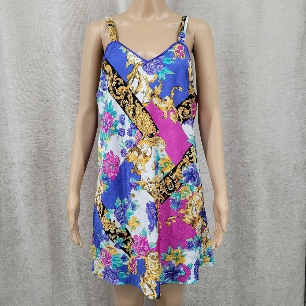 Vintage Satin Floral and Baroque Print Chemsie Slip Dress and Matching Robe Set